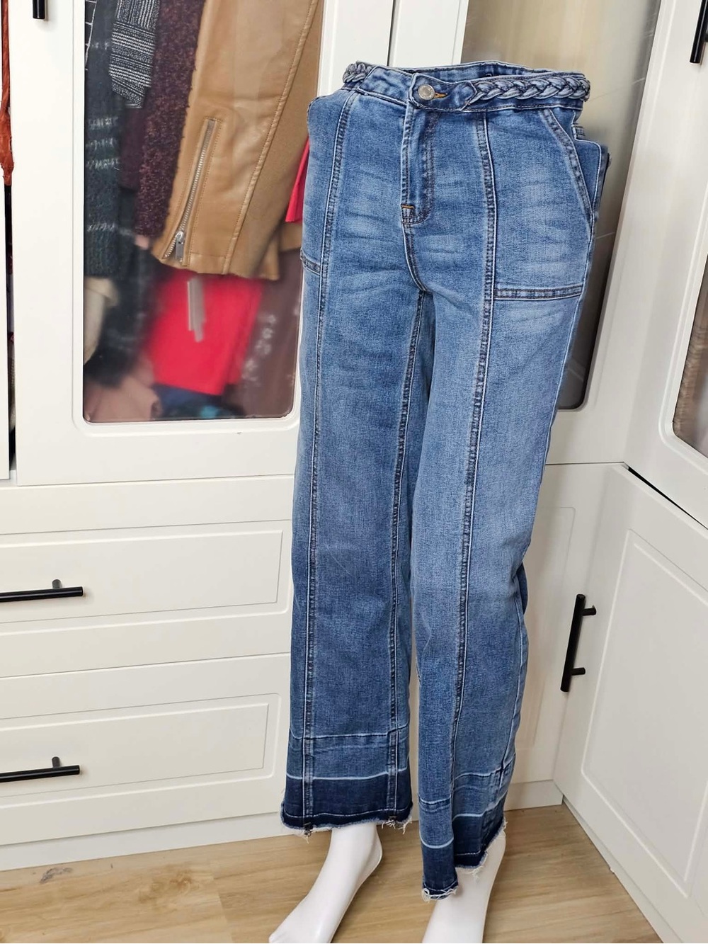 7 For All Mankind Blue Straight-Leg Jeans with Braided Waist